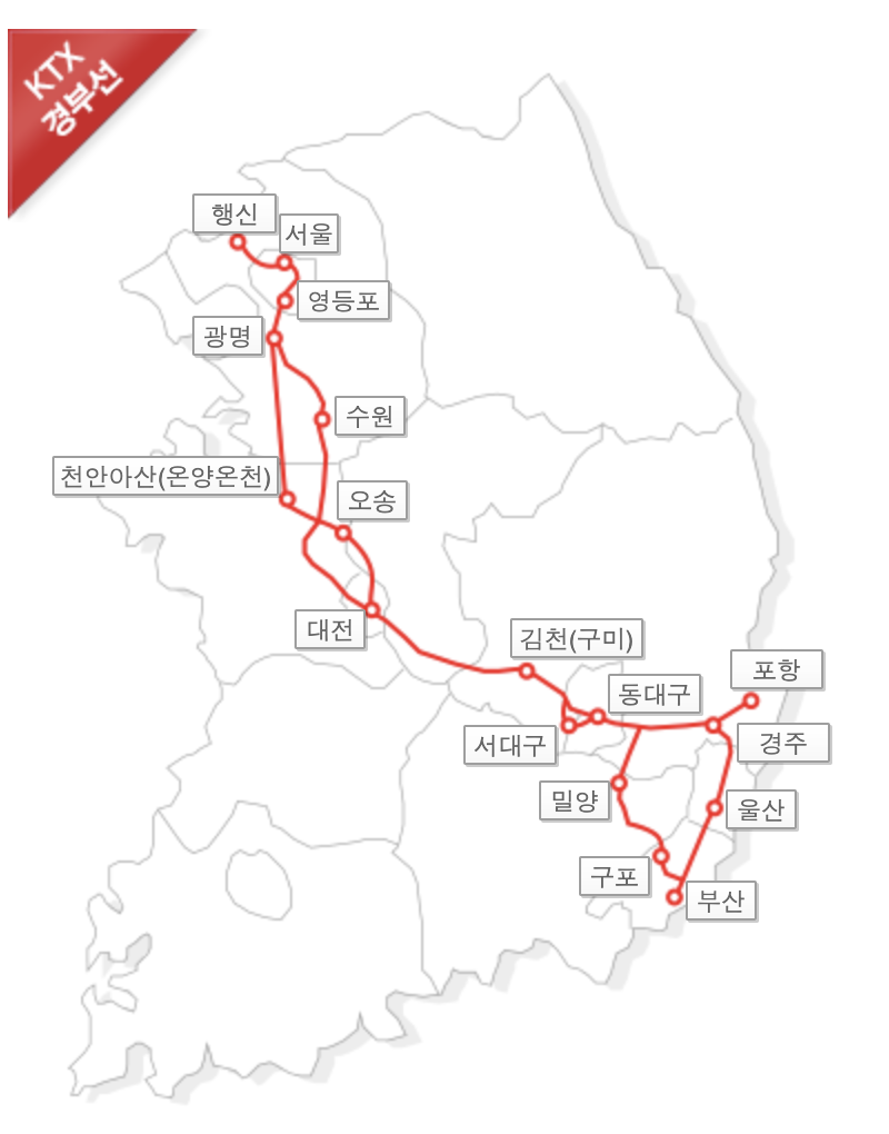 KTX 경부선 서울-울산 노선도